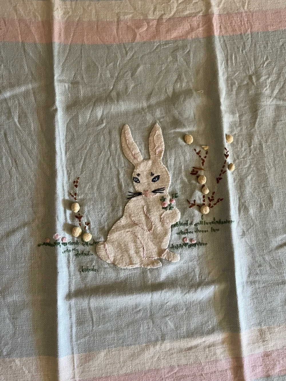 Rabbit bunny embroidery vintage blanket baby mcm nursery spring easter 🩷🩵🤍🐰